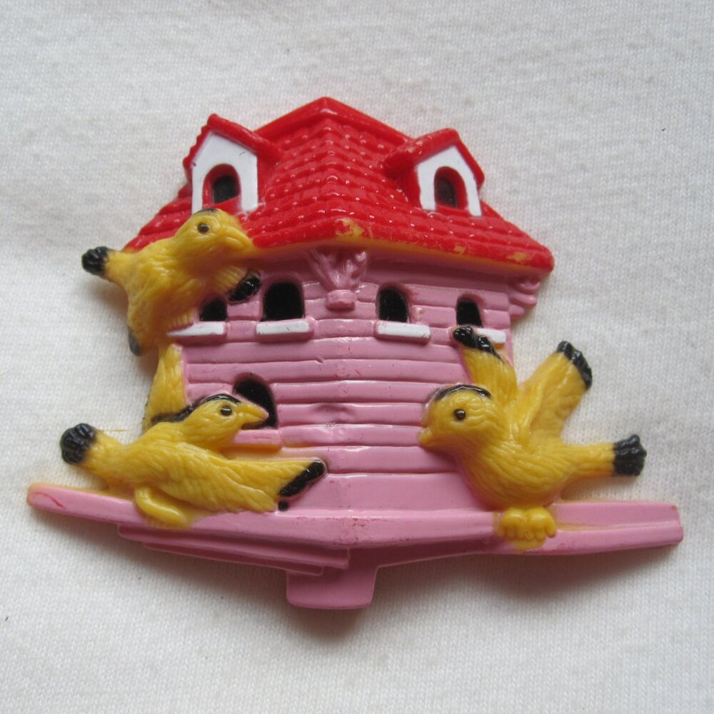 Vintage Fridge Magnet: 3" Plastic Yellow Birds w/ Pink Birdhouse